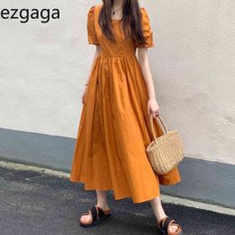 Ezgaga Chic Women Dress Square Collar Puff Short Sleeve Summer Backless Bandage Solid High Waist Loose Elegant Dress Korean 210430