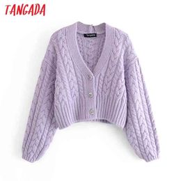 Women Vintage Violet Jersey Buttons Jumper Lady Twist Oversized Knitted Cardigan Coat 3H172 210416