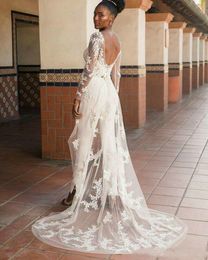 Gorgeous Jumpsuit Wedding Dresses Lace Appliqued Long Sleeves Bridal Gowns Chic Marriage Robe de mariée Custom Made