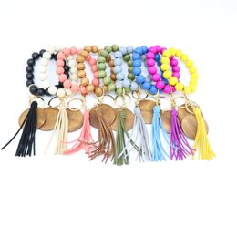 Personalised High Quality Colourful Wooden Bead Wrist Stretch Disc Keychain Custom Tassel Wristlet Bracelet Key rings