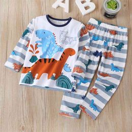 Autumn Children Sets Fashion Boys Long Sleeve O Neck Print Cartoon T-shirt Stripe Pants Cute GIrls Clothes 18-24M 210629