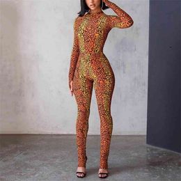 OMSJ Spring Skinny High Street Leopard Fashion Jumpsuit Long Sleeve Sexy Print Workout Active Wear Sproty Bodycon Playsuits 210517