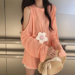 Long Sleeve Off Shoulder Solid Women's Tshirt O-neck Loose Lazy Slim Tshirts For Girls Summer Female Tops Sweet Chic Sexy 210518