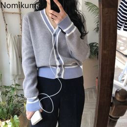Nomikuma Contrast Colour V Neck Long Sleeve Cardigan Women Single Breasted Casual Fashion Knitted Sweater Sueter Mujer 3c100 210514