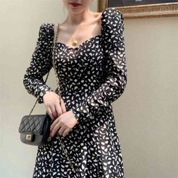 French retro square collar slit elegant dress women waist puff sleeve mid-length skirt summer Korean fashion 210520