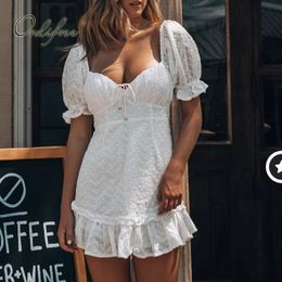 Summer Vintage Women Mini Short Sleeve Embroidery White Lace Tunic Beach Dress Vocation 210415