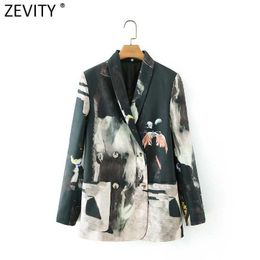 Zevity Women Vintage Tie Dyed Printing Back Striped Patchwork Fitting Blazer Coat Office Ladies Double Breasted Chic Tops CT671 210603