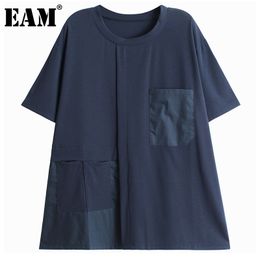 [EAM] Women Navy Black Pockets Spliced Big Size T-shirt Round Neck Short Sleeve Fashion Spring Summer 1DD7946 210512