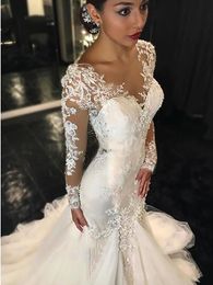 2021 vintage sereia vestidos de casamento mangas compridas rendas apliques frisado vestidos de casamento varredura trem jóia vestidos de noiva304u