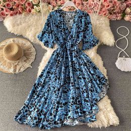 Summer boho Dress retro color lace-up waist irregular ruffled dress short-sleeved slimming mid-length vestido 210420