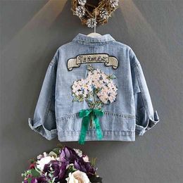 Spring And Autumn Denim Jacket Fashion Bow Letter Stitching Loose Long-Sleeved Cute Retro Flower Top Button Cardigan 210625