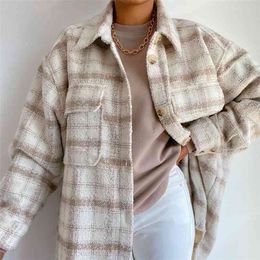 Fashion Fall Clothes for Women Shirt Woollen Coat Autumn and Winter Vintage Lattices Overcoat jackets 210508