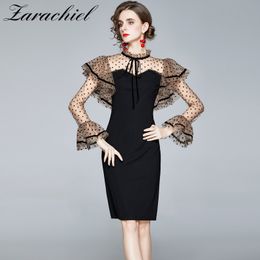 Eleagnt Mesh Dot Flare Sleeve Patchwork Black Party Women Long Sleeves Bow Tie Stand Ruffles Office Knee-Length Dress 210416