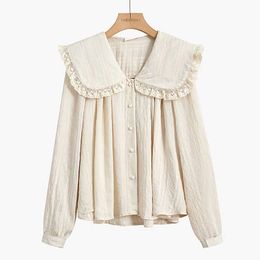 PERHAPS U Women Shirt Long Sleeve Loose Turn Down Collar Button Lace Beige Black Solid Sailor B0760 210529