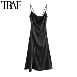 TRAF Women Fashion With Covered Buttons Vents Hem Midi Dress Vintage Backless Thin Straps Female Dresses Vestidos Mujer 210415