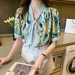 Summer Blouse Korean Basic Printing Female Tops Short-sleeved Shirt Half Print V-neck Blouses OL Woman and Shirts 210427