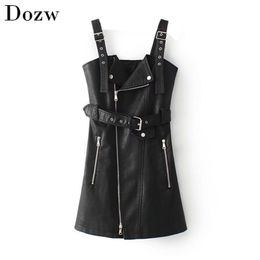 Chic Women PU Leather Solid Mini Dress A Line Sleeveless Slim Ladies Dresses Sexy Backless Zipper Sashes Streetwear Robe Femme 210515