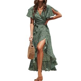 Summer Beach women Boho Print Long Dress Chiffon Dress Floral V Neck Ruffles Wrap Casua Split Sexy Party Dress Robe