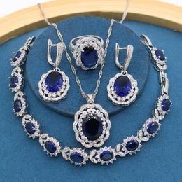 Orecchini Collana Classic Enormi pietre blu Set di gioielli color argento per donne Bracciale Anello Confezione regalo per feste