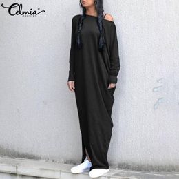 Celmia Plus Size Long Dress Women Sexy Cold Shoulder Maxi Autumn 2021 Solid Sleeve Casual Split Hem Robe 5XL Dresses