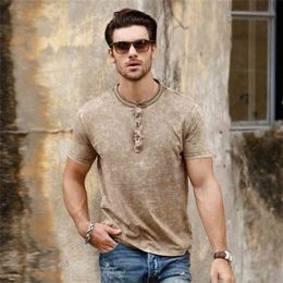T Shirts For Men Henry Collar Vintage Shirt 100% Cotton Summer Man Short Sleeve Washed Clothes retro Fashion ops 210716