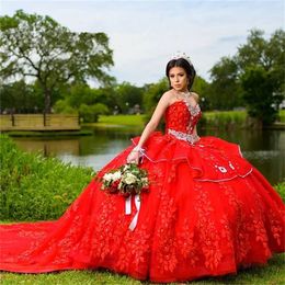 Red Satin Vestidos De 15 Aos Quinceanera Dresses Scoop Neck Tassel Bury Beaded Applique Ball Sweet 16 Prom Gowns