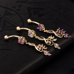 long belly button rings Australia - 18K Yellow Gold Plated Crystal Leaf Long Tassesl Belly Button Rings Bar Navel Ring Body Piercing Jewelry for Women