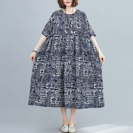 Oversized Women Cotton Long Dress New Summer Simple Style Vintage Print O-neck Loose Comfortable Female Casual Dress S2897 210412