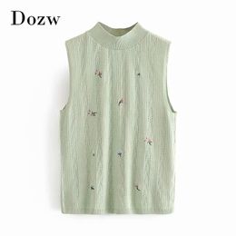 Elegant Floral Embroidery Knitted Vest Sweater Women Vintage O Neck Waistcoat Ladies Sleeveless Pullover Tops 210414