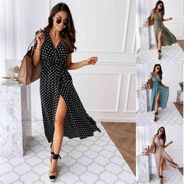 Kayotuas Women Dress Summer Fashion Short Sleeve V-Neck Lady Polka Dot Print Split Vintage Female Boho Beach Holiday Sundress 210522