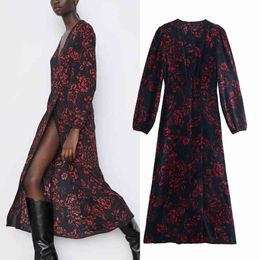 Dresses for Women Black Printed Maxi Fall Long Sleeve Vintage Party Woman Button V-Neck Ladies Club Gowns 210430