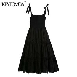 Women Chic Fashion Hollow Out Embroidery Ruffled Midi Dress Smocked Detail Tied Wide Straps Female Dresses 210420