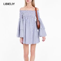 Casual Dresses Blue Striped Off Shoulder Elastic Bust Dress Women Nice Summer Bell Sleeve Loose Mini Vintage Vestido Female