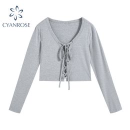 Women's Drawstring Lace-up Sexy Crop T Shirt E-Girl Aesthetic Grey Deep V-Neck Tide Party Club Tees Long Sleeve Slim Tops 210417