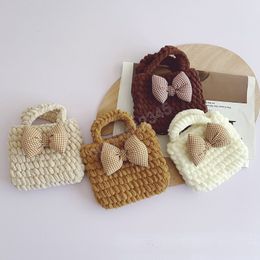 Korean Style Kids Mini Bow Purse Cute Little Girl Knitted Woven Handbags Tote Kawaii Baby Small Coin Pouch Toddler Wallet