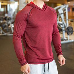 red Autumn Gym breathable Men Casual Long Sleeve Slim Tops Tees elastic Sports Fitness Quick dry Hooded T Shirt