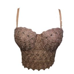 P477 Nude Mesh Lace Bead Bustier Pearls Diamond Push Up Night Club Bralette Women's Bra Cropped Top Camis Plus Size 210527