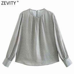 Women Elegant O Neck Striped Print Chiffon Smock Blouse Office Ladies Long Sleeve Casual Shirts Chic Blusas Tops LS7464 210416