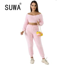 Fashion Bady Pink Fall Winter Clothes Tracksuit Woman Matching Sets Slash Collar Pullover Top Baggy Pants Sweatpants Suit 210525