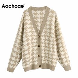 Aachoae Women Batwing Long Sleeve Loose Cardigan Sweater V Neck Casual Lady Knitted Jumper Tops Houndstooth Sweater Jersey Mujer 210413