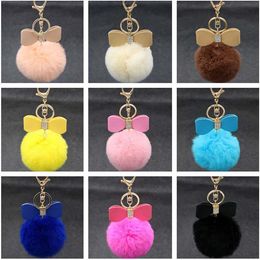 High quality Rex rabbit fur ball keychain diamond bowknot ladies car ornaments gift Key Rings