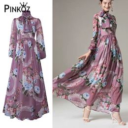 Summer Fashion Runway Maxi Dress Women's O-Neck Vintage Purple Flowers Print Holiday Boho Long Dresses Plus size 2xl 210421