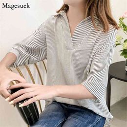 Plus Size 4XL Women Tops and Blouse Striped V-Neck Slim Shirts Casual All-Match Fashion Elegant s s 0428 210512