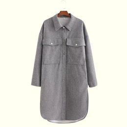 Women Fashion Simplicity Grey Loose Jacket Coat Vintage Long Sleeve Pockets Female Outerwear Chic Overcoat 210520