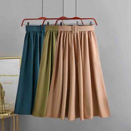 Pleated Classic a word skirts Summer women Skirt with belt thin solid Colour High waist retro loose mid-length 210420