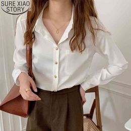 Vintage Women Spring White Shirt Long Sleeve Office Ladies Tops Chiffon Plus Size Clothing Pocket Shirts 13166 210417