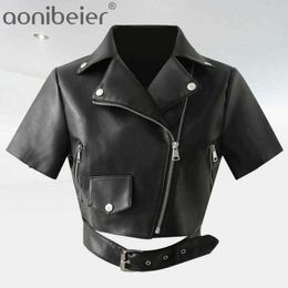 Summer Pu Leather Short Sleeve Vintage Sashes And Jacket Biker Jacket Zipper Cropped Black 210604
