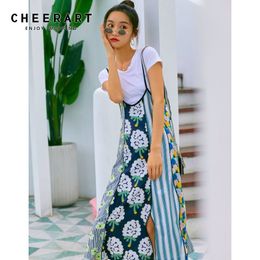 Designer Summer Long Spaghetti Strap Dress Women Vacation Floral Print A Line Midi Casual Holiday Clothes 210427