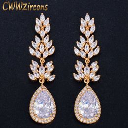 African Nigerian Yellow Gold Color Bridesmaid Wedding Jewelry Cubic Zirconia Luxury Long Drop Brides Earring CZ384 210714