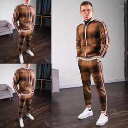 Men's Tracksuits Gentlemans Tracksuit Flower Plaid Suit Jacket Pants Sports Fashion 3D Printing Zipper Two-Piece Set Spot Men Coats